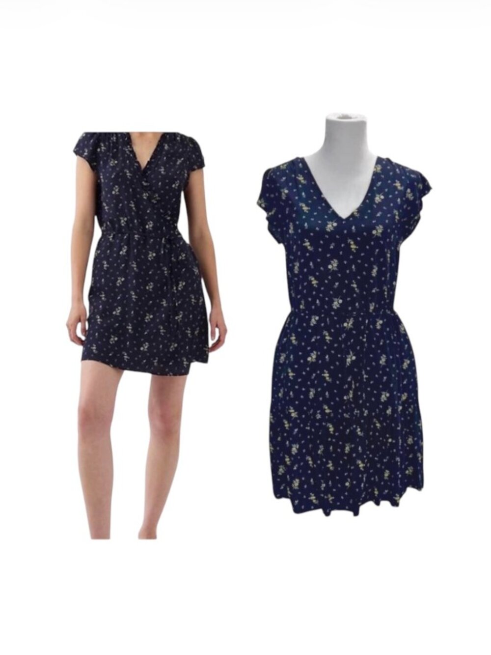 Gap Floral Mini Dress Navy Blue V Neck Flutter Sleeve Pockets Women Medium